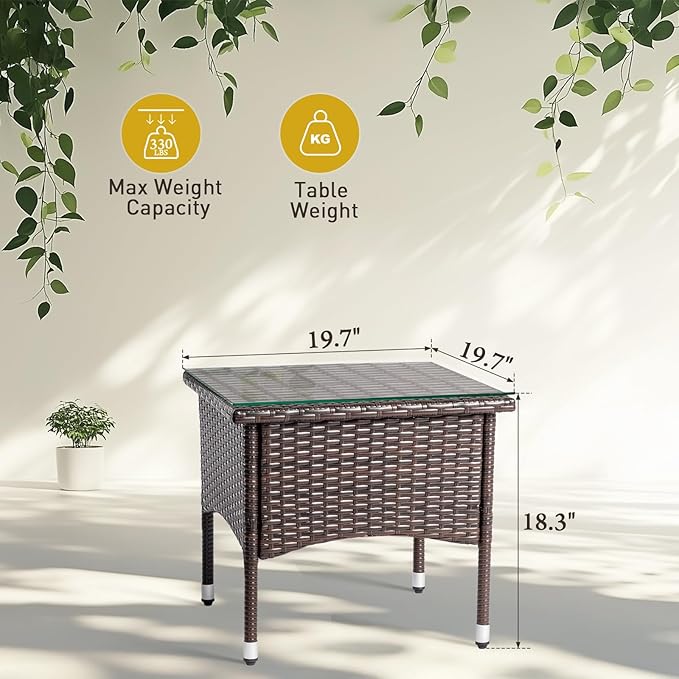 Outvita 20" Patio Coffee Table, Glass Tabletop Square Side Table, Waterproof & Rustproof, Adjustable Feet - Photo 3