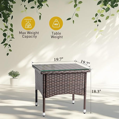 VINGLI Outdoor Wicker Side Table Patio Side Tables for Outside, Tempered Glass Top Wicker Table End Table for Balcony Porch Deck, Brown