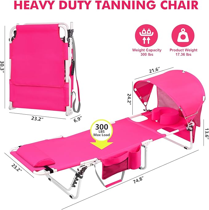 Tanning Chair with Sun Canopy Face Hole Softer Padded Adjustable Washable - Photo 2