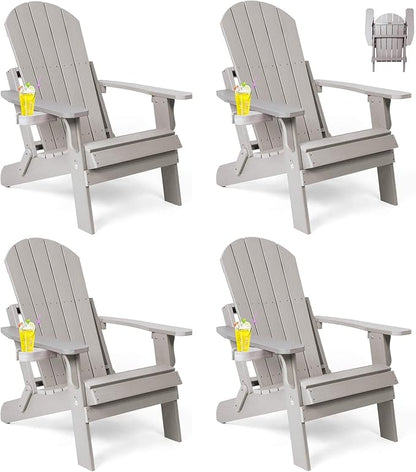Folding Adirondack Chairs Set of 4, All Weather Resistant Plastic Chairs with Cup Holder, Fold or Unfold Easily in 1 Second, Outdoor Chairs for Patio, Garden, Backyard Deck, Lawn Fire Pit(Grey)