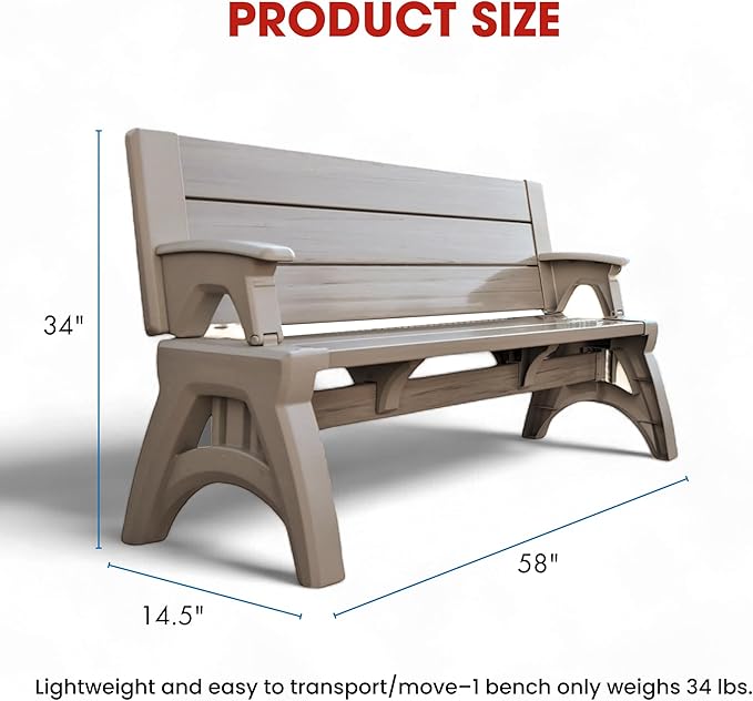 Convert-a-Bench 2-in-1 Outdoor Bench & Picnic Table - Foldable, Weather-Resistant Seating - Perfect for Patio, Lawn - Photo 2