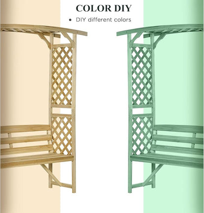 Outsunny Patio Garden Bench Arbor Arch with Pergola and 2 Trellises, 3 Seat Natural Wooden Outdoor Bench for Grape Vines & Climbing Plants, Backyard Decor, Natural