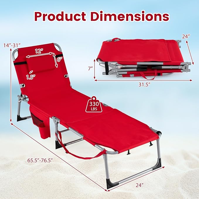 Goplus Tanning Chair with Face Arm Holes, Portable Sunbathing Chair w/4-Level Backrest, Head Pillow - Photo 3
