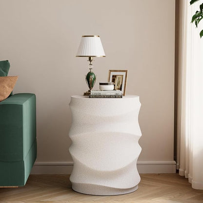COSIEST Set of 2 Outdoor Side Table, 2 Pieces Concrete Side Table for Patio, Streamlined Lightweight Accent Table, Decorative Patio Garden Stools, Plant Stand Drum Table, Round, Spotted White