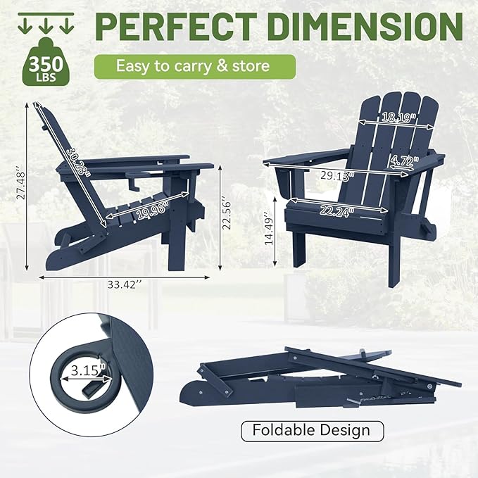 GOWE Adirondack Chairs Set of 2, Plastic Adirondack Chair, Adirondack Chairs, HDPE Adirondack Chair, Folding Adirondack Chairs, Outdoor Chairs with Cup Holder for Lawn Patio Deck Fire Pit -Dark Blue