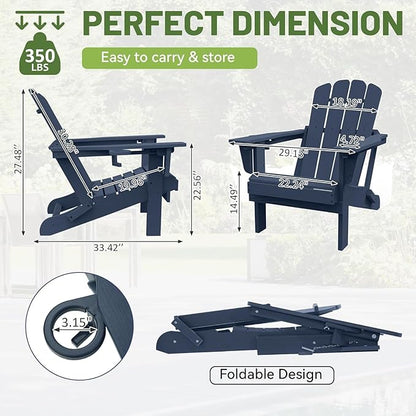 GOWE Adirondack Chairs Set of 2, Plastic Adirondack Chair, Adirondack Chairs, HDPE Adirondack Chair, Folding Adirondack Chairs, Outdoor Chairs with Cup Holder for Lawn Patio Deck Fire Pit -Dark Blue
