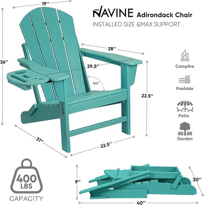 Adirondack Chair, HDPE Folding Adirondack Chair with Multifunctional Cup Holder, Weather Resistant Fire Pit Chair for porches, patios, patios, poolsides, Decks.