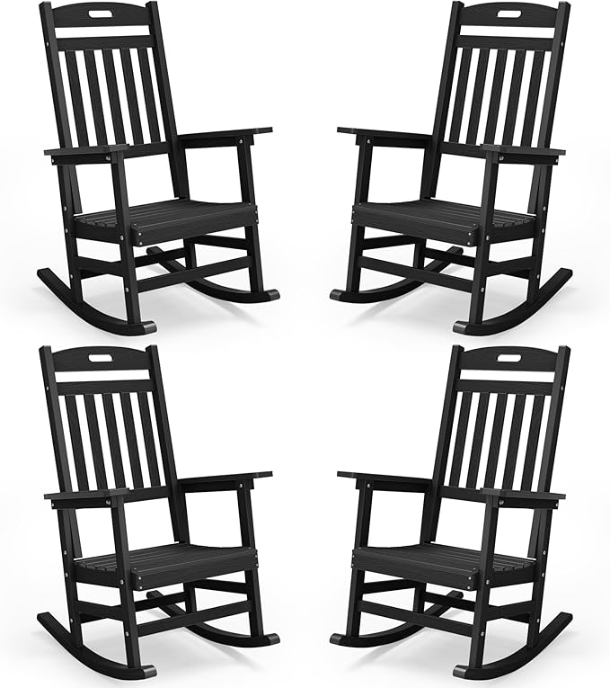 YEFU Outdoor Rocking Chairs Set of 4: Patio Rocking Chair for Adult, Outdoor Rocker Weather Resistant, Easy to Assemble, Safe&Comfortable, Black