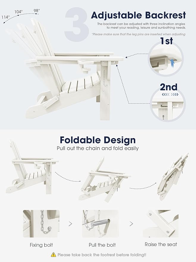 KINGYES Folding Adjustable Adirondack Chair with Ottoman & 2 Cup Holders Set of 4, HDPE Adirondack Recliner Chair with Footrest, White