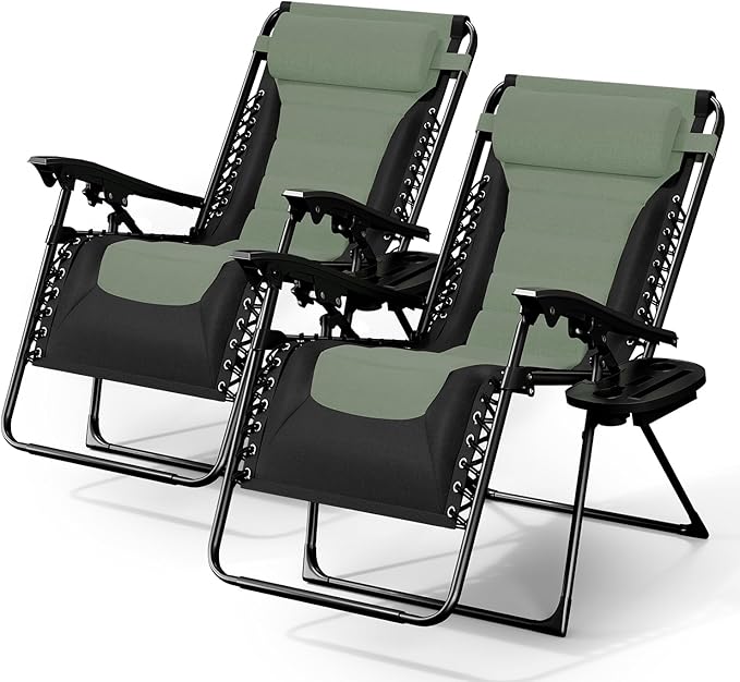 Nestl Outdoor Padded Zero Gravity Chair Set of 2, Patio Lounge Chair Outdoor Recliner, Oversized Anti Gravity Lounger with Adjustable Headrest and Cup Holder, Foldable for Camping- Black/Sage Green