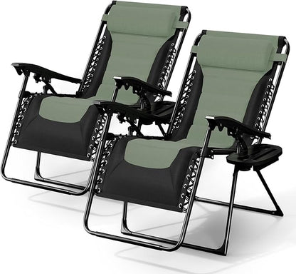 Nestl Outdoor Padded Zero Gravity Chair Set of 2, Patio Lounge Chair Outdoor Recliner, Oversized Anti Gravity Lounger with Adjustable Headrest and Cup Holder, Foldable for Camping- Black/Sage Green