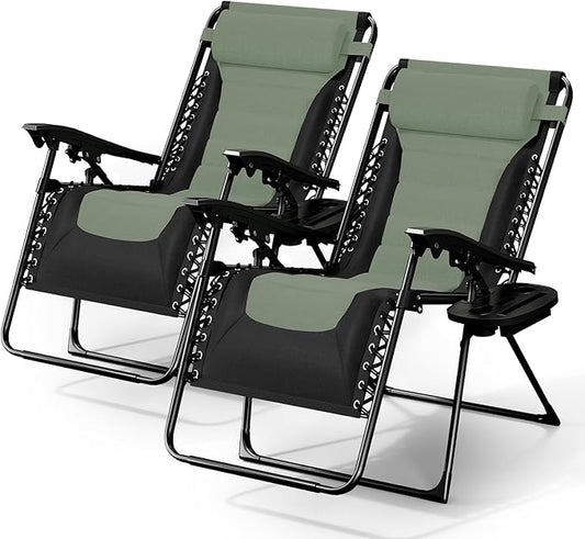 Nestl Outdoor Padded Zero Gravity Chair Set of 2, Patio Lounge Chair Outdoor Recliner, Oversized Anti Gravity Lounger with Adjustable Headrest and Cup Holder, Foldable for Camping- Black/Sage Green