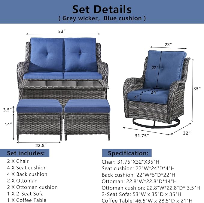 Belord 6 Piece Wicker Patio Furniture Set, Outdoor Swivel Rocker Chairs Set of 2 with Ottomans and Loveseat - Photo 9