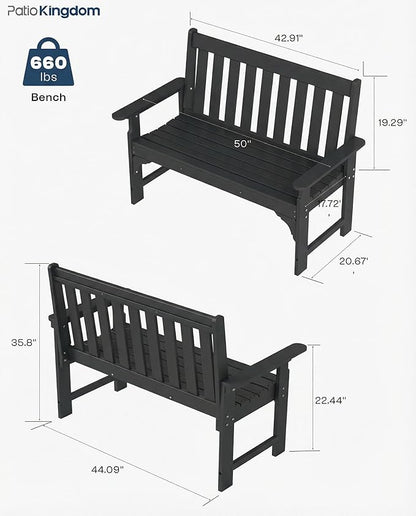 HDPE Garden Bench, All Weather 2-Person Outdoor Benches, Rust Free & Fade Resistant Patio Benches for Garden, Porch, Backyard, Deck, Lawn, Balcony, Poolside (Black, 1 Beach)
