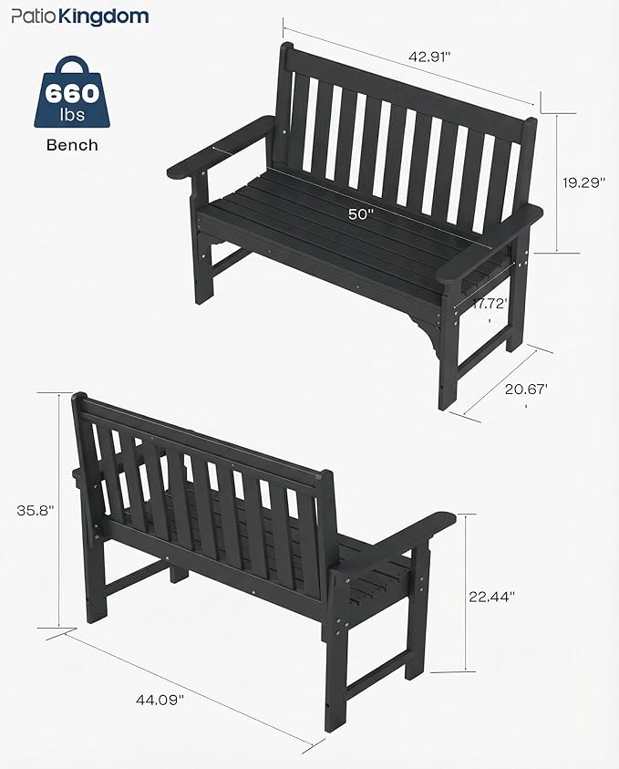 HDPE Garden Bench, All Weather 2-Person Outdoor Benches, Rust Free & Fade Resistant Patio Benches for Garden, Porch, Backyard, Deck, Lawn, Balcony, Poolside (Black, 2 Benches)