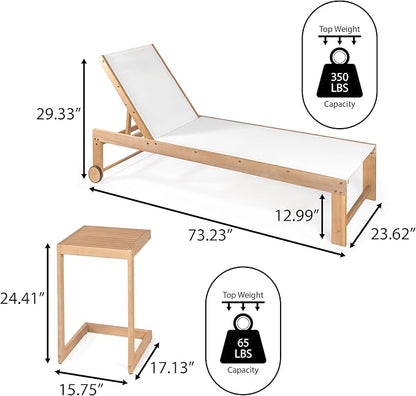 JONATHAN Y LNG1100C-2SET Trabuco Coastal Modern Acacia Wood Mesh 3-Position Outdoor Chaise Lounge Set with Side Table Transitional, Classic, Minimalist, Traditional, Contemporary, White/Light Teak