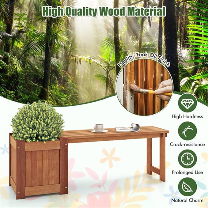 Outdoor Bench with Planter Box 54" Solid Wood Garden Bench and Flower Planter Combo 2-in-1 Seating and Planting Station for Front Porch Patio Deck Natural Finish