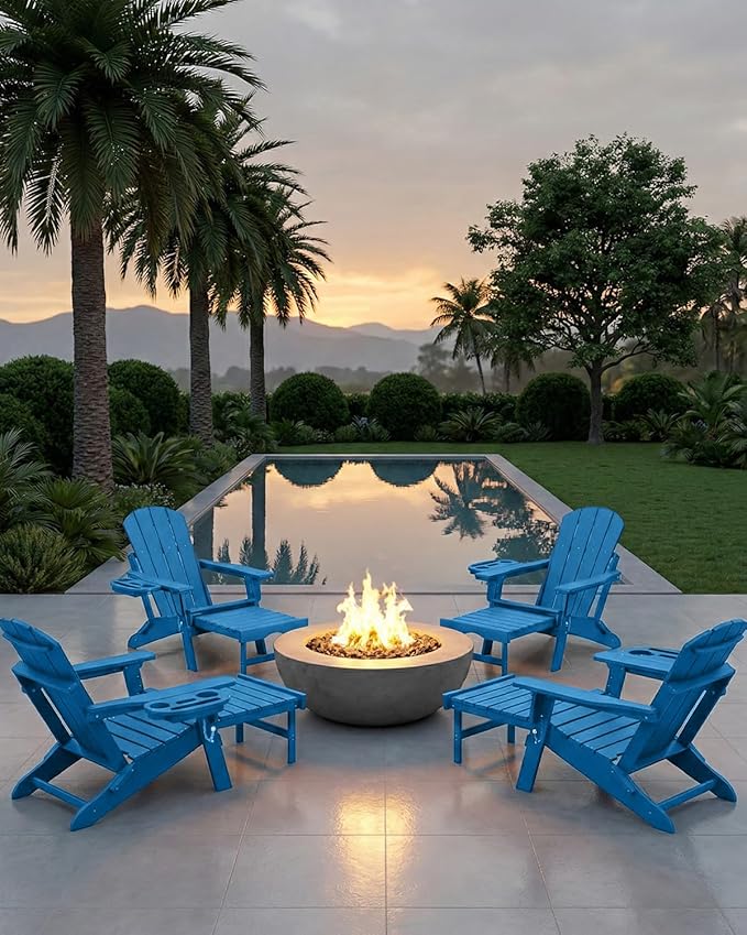 Adjustable Adirondack Chair with Retractable Ottoman Set of 6, HDPE Folding Adirondack Chair with Cup Holder, All Weather Fire Pit Chair for Outdoor.