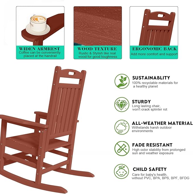 PLUUV Outdoor Rocking Chair, HDPE Patio Rocking Chairs with Footboard, All Weather Porch Rockers Outdoor for Adult, Effortless Installation, Light Red