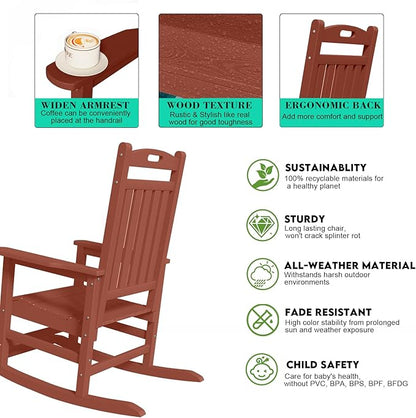 PLUUV Outdoor Rocking Chair, HDPE Patio Rocking Chairs with Footboard, All Weather Porch Rockers Outdoor for Adult, Effortless Installation, Light Red