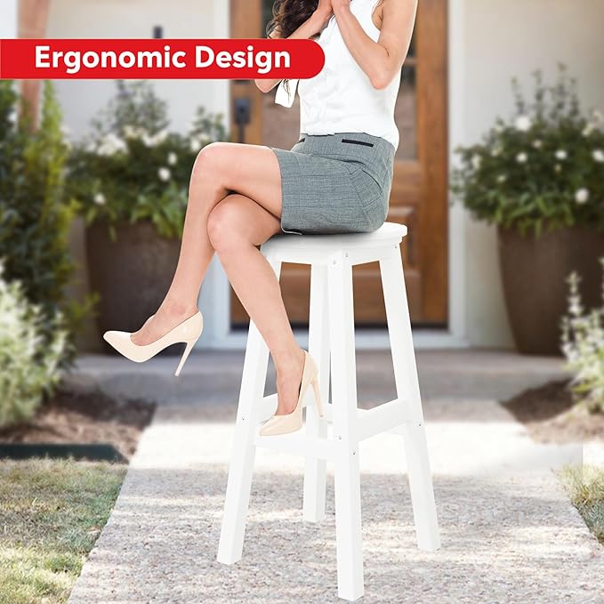 Costaelm 29" Height Outdoor Bar Stools, All-Weather Bar Stools, Adirondack Poly Patio Round Bar Stool for Patio, Deck, Kitchen Counter and Garden, White