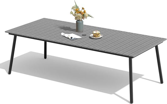 95" Patio Outdoor Dining Table for 8-10, Weather-Resistant Wood-Grain Top with Aluminum Frame & Umbrella Hole for Deck Gatherings, Dark Grey