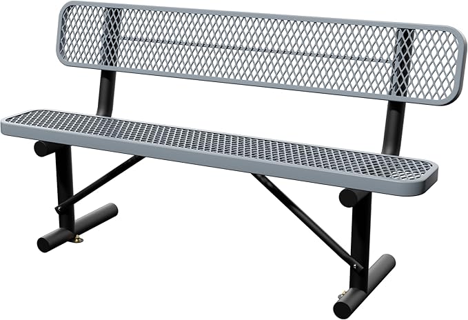 6 Feet Steel Park Bench for Outside, Outdoor Bench with Backrest & Portable Frame, Commercial Benches for Shopping Malls, Stores, Parks, Patios, Decks, Grey