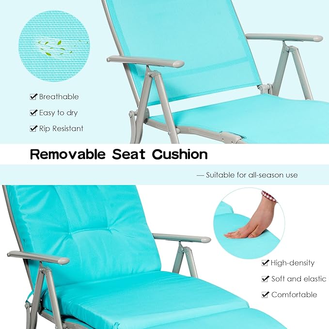 Giantex Chaise Lounge Chair for Outside, Pool Folding Reclining Beach Chair W/Removable Cushion&Headrest Pillow, Outdoor Lounge Chaise w/ 7 Backrest Positions, Portable Patio Lounger (2, Turquoise)