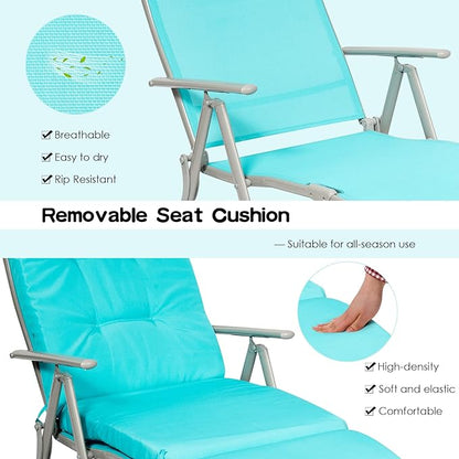Giantex Chaise Lounge Chair for Outside, Pool Folding Reclining Beach Chair W/Removable Cushion&Headrest Pillow, Outdoor Lounge Chaise w/ 7 Backrest Positions, Portable Patio Lounger (1, Turquoise)