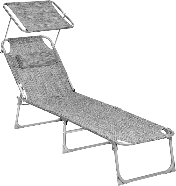 SONGMICS Sun Lounger, Patio Chaise Lounge Chair, Folding, with Canopy, 76 x 20.9 x 11.4 Inches, Holds 330 lb, Headrest, Adjustable Backrest, Outdoor Garden Pool, Greige GCB19T
