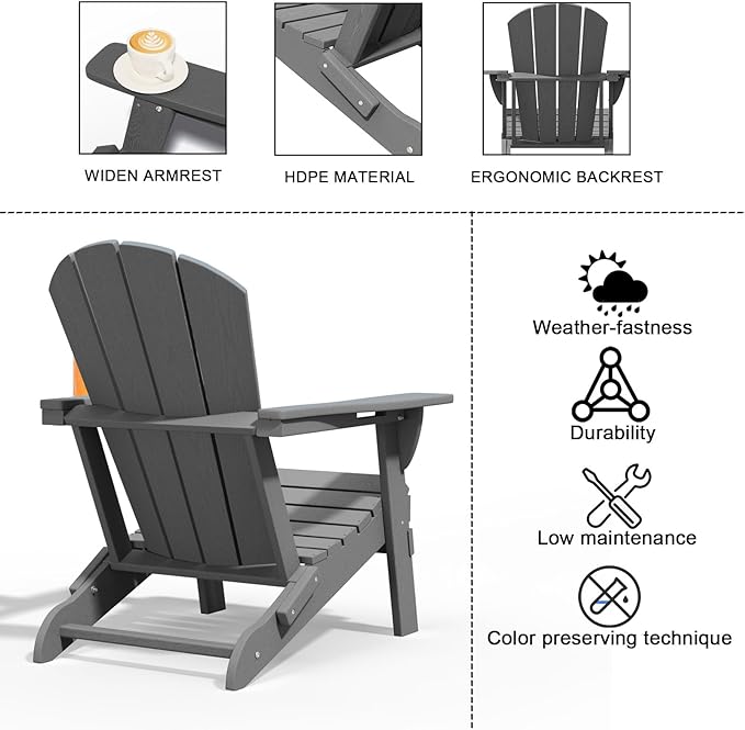 Folding Adirondack Chairs with Cup Holders, Set of 4 HDPE Plastic Outdoor Chairs, Weather Resistant, Real Wood Look - Photo 8