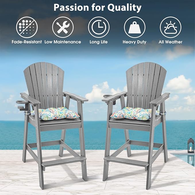 Sundale Outdoor Adirondack Bar Stool, Patio HDPE Bar Chair with Backrest, 30 Inch Seat Height Tall Bistro Dining Counter Stool with Cushion, All-Weather Pub Height Chair, Gray
