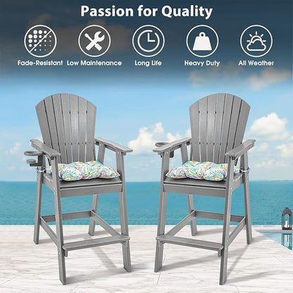 Sundale Outdoor Adirondack Bar Stool, Patio HDPE Bar Chair with Backrest, 30 Inch Seat Height Tall Bistro Dining Counter Stool with Cushion, All-Weather Pub Height Chair, Gray