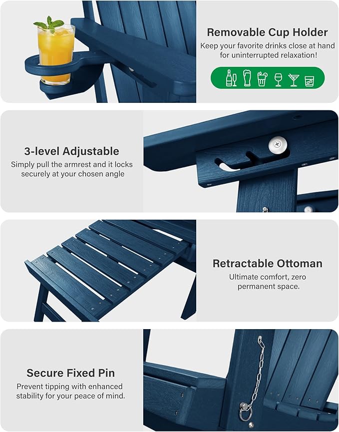 YEFU Folding Adirondack Chair with Footrest: Adjustable Adirondack Chairs with Retractable Ottoman - Sturdy HDEP Plastic with Cup Holder - All Weather for Outdoor/Patio/Fire Pit/Outside/Pool(Navy)