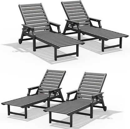 5-Position Adjustable Patio Chaise Lounge - 78'' HDPE Outdoor Lounger with Rolling Wheels & Cup Holder, Longer, Wider, Higher - Perfect for Poolside & Deck, Gray, 4pcs