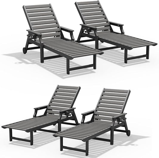 5-Position Adjustable Patio Chaise Lounge - 78'' HDPE Outdoor Lounger with Rolling Wheels & Cup Holder, Longer, Wider, Higher - Perfect for Poolside & Deck, Gray, 4pcs