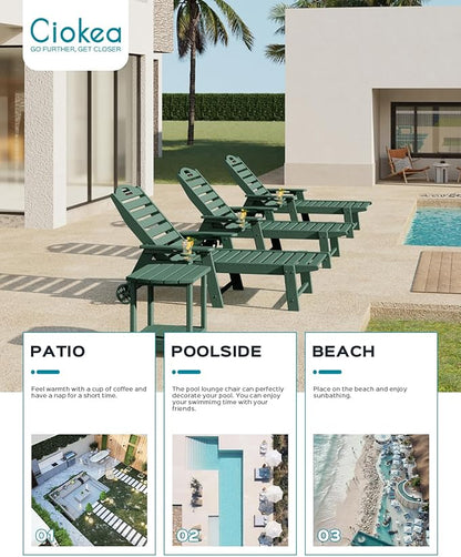 Chaise Lounge Chair Outdoor with Wheels, Adjustable 5-Position Chaise Lounge Outdoor with Wood Texture, Patio Lounge Chair for Poolside Backyard, Green