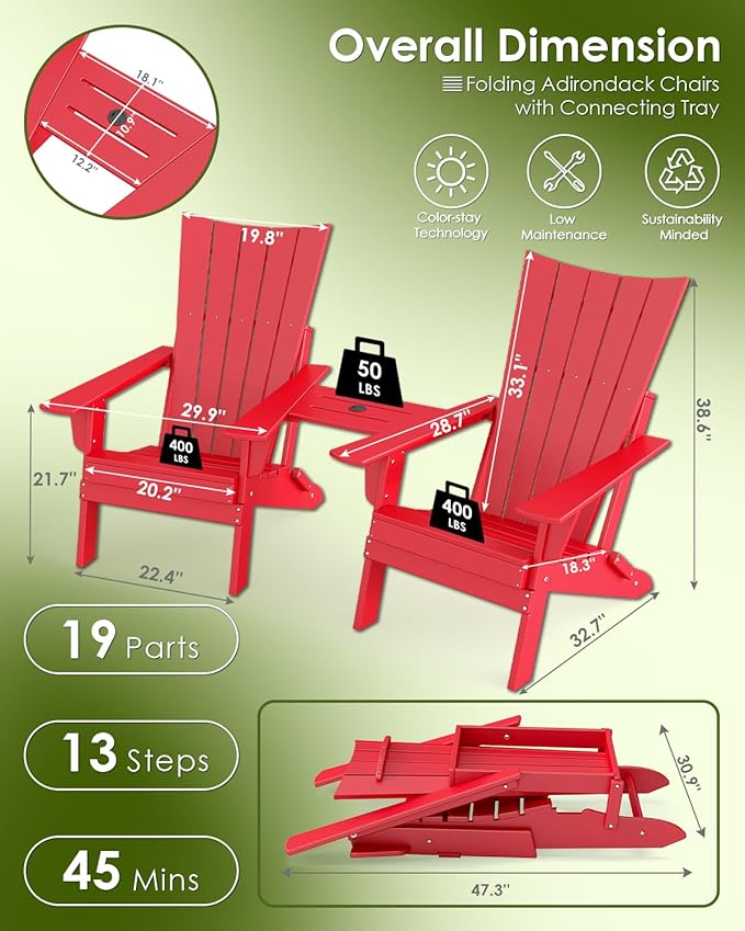 GREENVINES Folding-Adirondack-Chairs-Set-of-2 | HDPE Plastic | Arch Series | Fire Pit Chair | with Connecting Tray | Removable Table | All Weather | for Outdoor Patio Deck Poolside | Red