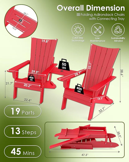 GREENVINES Folding-Adirondack-Chairs-Set-of-2 | HDPE Plastic | Arch Series | Fire Pit Chair | with Connecting Tray | Removable Table | All Weather | for Outdoor Patio Deck Poolside | Red