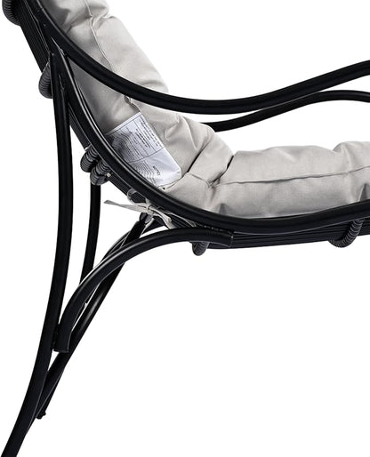 Christopher Knight Home Hanley Patio Wicker Lounge Chair with Ottoman Footrest+Coffee Table, 3-Piece Outdoor Furniture Set for Porch/Balcony/Deck/Backyard, Metal Frame and Soft Cushions, Beige+Black