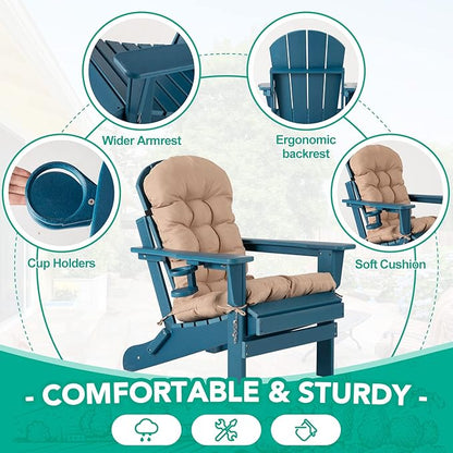 Oversized Adirondack Chair with Cushion & Cup Holders, HDPE Weather Resistant Folding Adirondack Chair for Adults, Outdoor Fire Pit Chairs for Patio/Porch/Swimming Pool/Garden (1, Blue)
