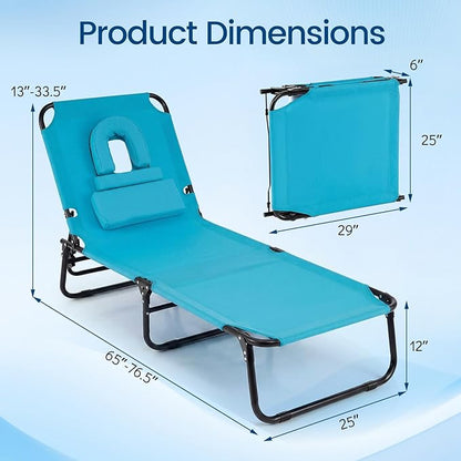 Tangkula Beach Lounge Chair, Folding Sunbathing Recliner with Face Hole, Face Down Tanning Chair with 4-Level Adjustable Backrest & 3 Removable Pillows, Chaise Lounge Chair for Patio (1, Turquoise)
