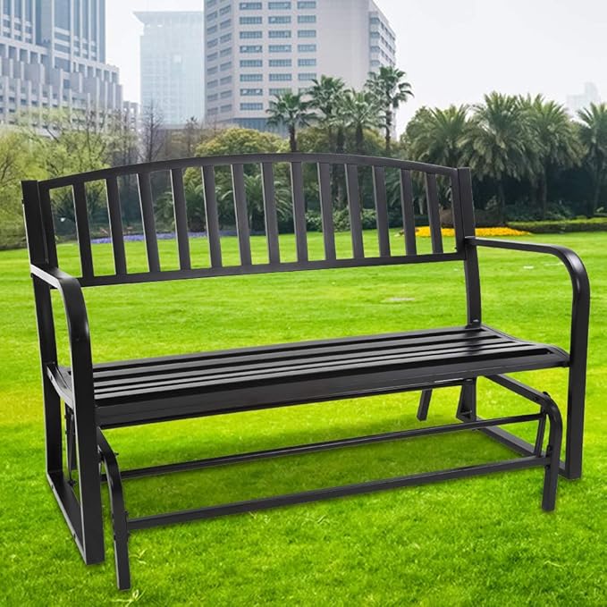 Dkeli Patio Glider Bench Outdoor Park Bench Garden Bench Metal Cast Iron 50” Fornt Porch Chair Cushion with Armrest for Outdoor Yard Balcony Entryway, Black