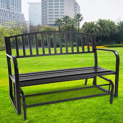 Dkeli Patio Glider Bench Outdoor Park Bench Garden Bench Metal Cast Iron 50” Fornt Porch Chair Cushion with Armrest for Outdoor Yard Balcony Entryway, Black