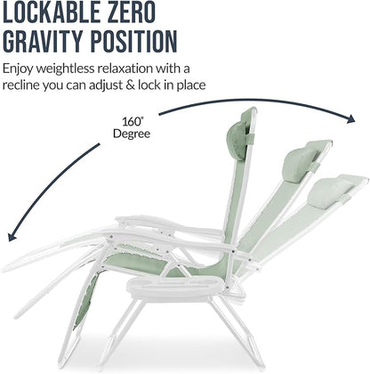 Best Choice Products Set of 2 Extra Wide Adjustable Steel Mesh Zero Gravity Lounge Chair Recliners w/Pillows and Cup Holder Trays - Sage Green/White