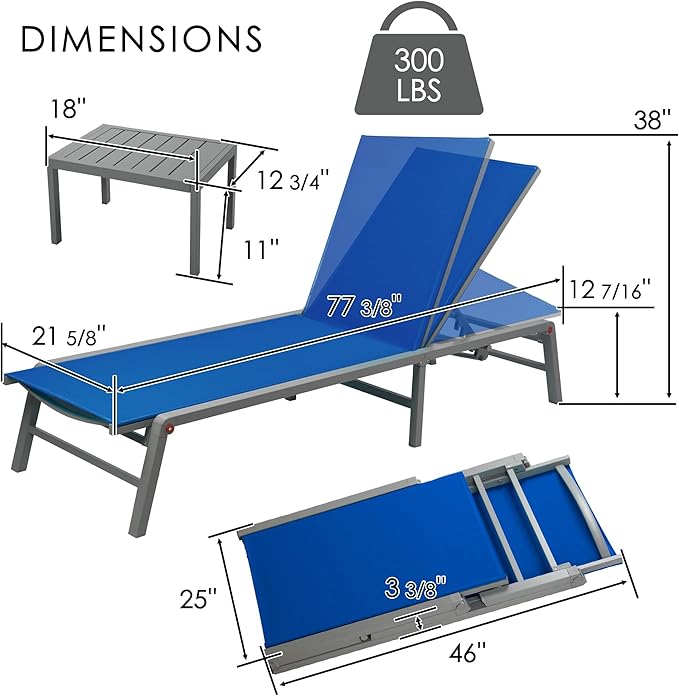 Kozyard 3-Pieces Patio Lounge Set, 2Foldable Adjustable Lounge Chairs and Side Table, Aluminum Frame, Breathable Textilene Fabric, Assemble-Free, Reclining to Flat for Pool, Beach (Blue)
