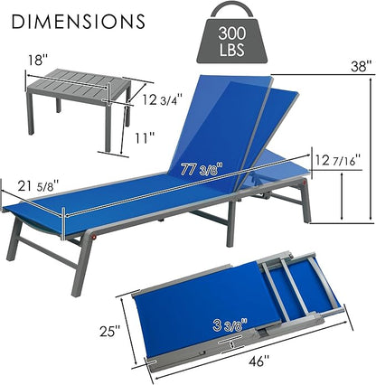 Kozyard 3-Pieces Patio Lounge Set, 2Foldable Adjustable Lounge Chairs and Side Table, Aluminum Frame, Breathable Textilene Fabric, Assemble-Free, Reclining to Flat for Pool, Beach (Blue)