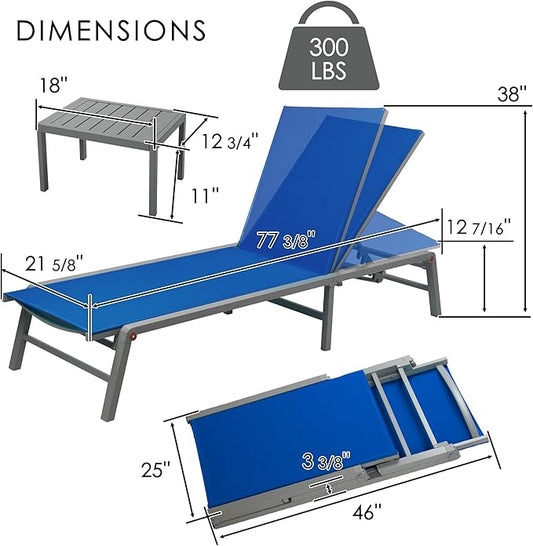 Kozyard 3-Pieces Patio Lounge Set, 2Foldable Adjustable Lounge Chairs and Side Table, Aluminum Frame, Breathable Textilene Fabric, Assemble-Free, Reclining to Flat for Pool, Beach (Blue)