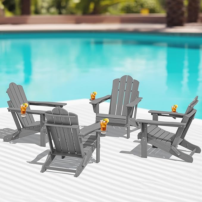 KINGYES Folding Adjustable Adirondack Chairs Set of 4, HDPE All Weather Use Reclining Adirondack Chair, Outdoor Adirondack Chair- Grey