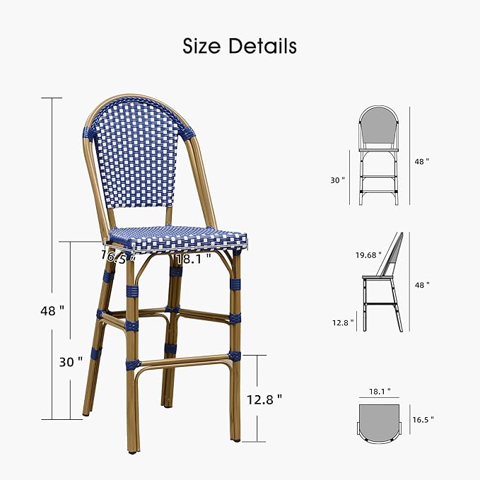 PURPLE LEAF French Bar Stool Set of 4 Bamboo Print Finish Patio Bar Stools with Back Rattan Bar Chairs Wicker Bar - Photo 7